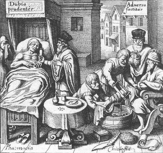 Engraving illustrating the duties of 17th-century apothecaries and surgeons (Matthaeus Merian, c. 1646, Wellcome Library) (101738 bytes)